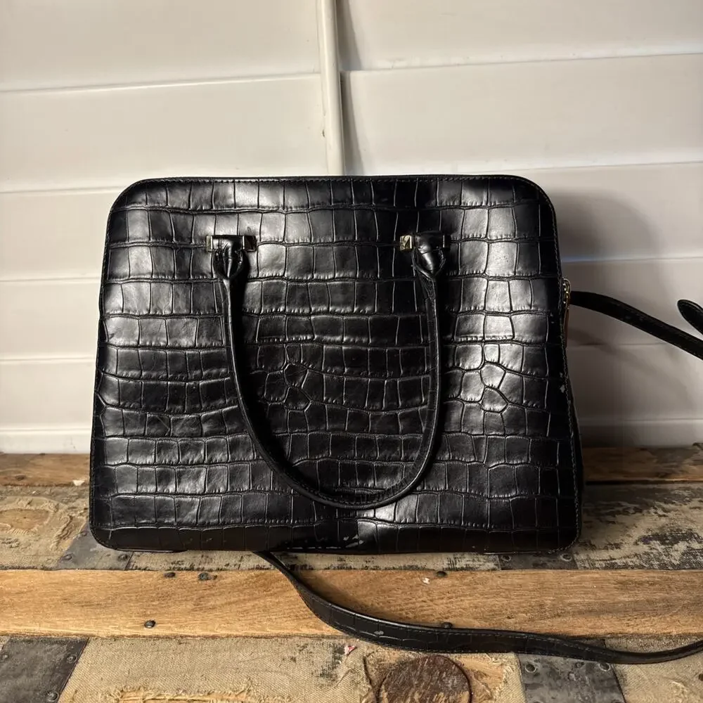 Michael Kors Houston Croc Embossed Double Zip Black Leather Satchel